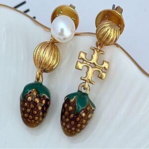 Tory Burch Gold-tone Strawberry Drop Earrings with Green and Pearl Accents